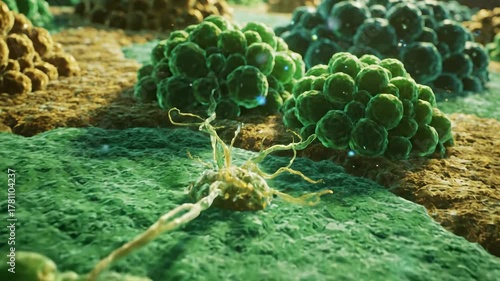 Detailed microscopic view of a single cell with branched appendages surrounded by cellular clusters and textures