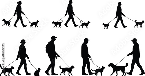 Silhouette of people walking dogs on leash, outdoor pet activity, daily exercise routine, companionship, active lifestyle, animal care, human connection
