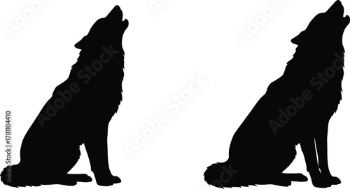 Silhouette of two howling wolves sitting side by side, wild animal illustration, wildlife nature concept, forest night scenery, wilderness art