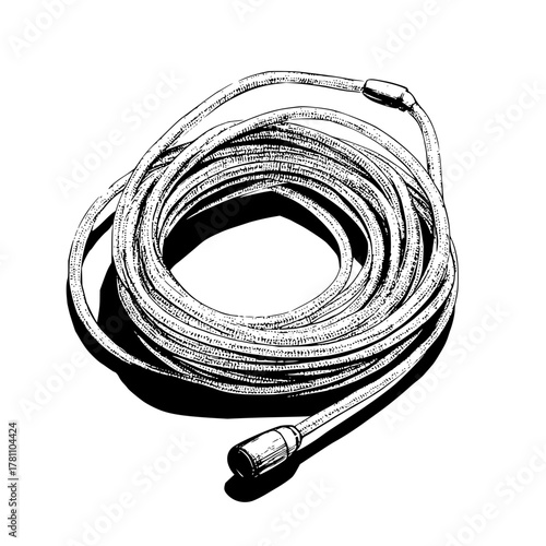 Illustration of a coiled garden hose with metal fittings on a white background in black and white style