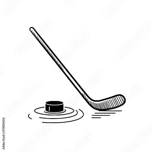 Hockey stick poised above a puck surrounded by ripples on a white background in a sketch style image