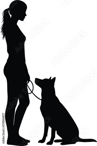Silhouette of woman standing with dog on leash, obedience training, loyal pet relationship, trust, love, companionship, friendship, outdoor lifestyle