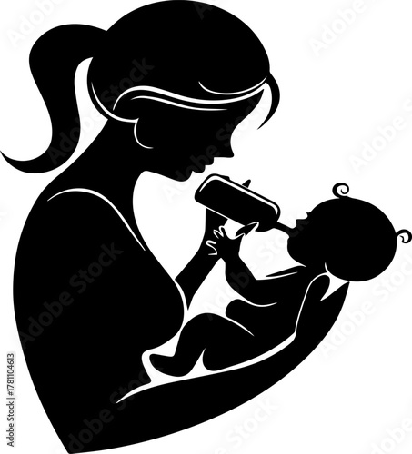 A mother feeding baby bottle caring nurturing loving family bond childhood moments vector art Silhouette