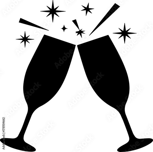 Two champagne flutes clinking together in a celebratory toast silhouette icon