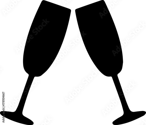 Two champagne flutes clinking together in a celebratory toast silhouette icon