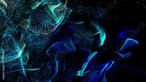 abstract digital background featuring a dynamic wave of glowing blue particles with rounded animation on a dark backdrop.
