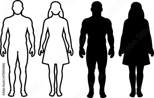Figures of a man and woman standing side by side in full body view Black silhouette 