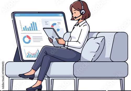 Woman working remotely with headset and tablet analyzing data on a large screen.