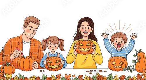 Happy family carving jack-o'-lanterns for Halloween, a cheerful autumn holiday activity vector illustration with parents and kids