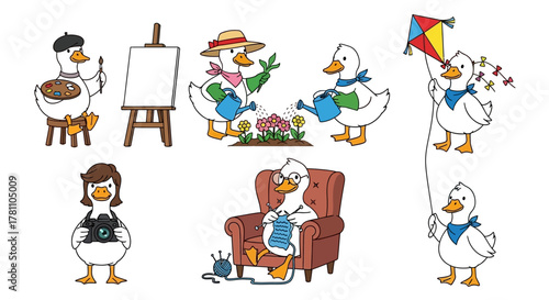 Adorable cartoon ducks and geese enjoying various hobbies. A charming vector set of cute animal characters painting, gardening, and knitting