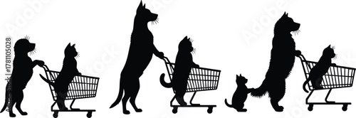 Animal shopping silhouette, dog and cat pushing carts, black outline, minimal art, playful concept, pet humor, grocery scene illustration