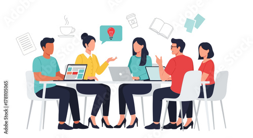 Vector illustration of a creative business team working together on laptops, sharing ideas and innovative solutions in a meeting