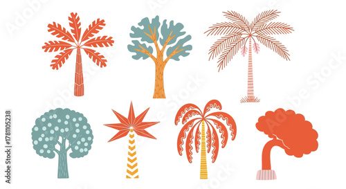 Collection of stylized hand-drawn trees in a folk art style. Botanical design elements pack illustration set isolated on white background