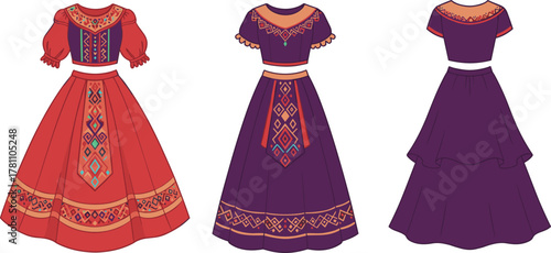 Traditional ethnic dress collection with embroidered patterns, colorful women’s clothing design, flat CAD vector illustration for cultural fashion projects