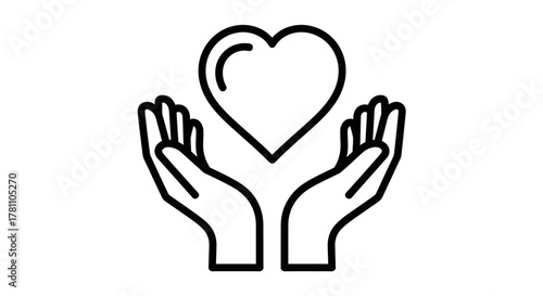 Outline vector icon of hands carefully holding a heart symbol, representing charity, health, gratitude, and community support