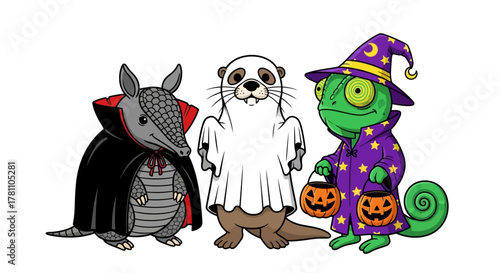 Cute cartoon animals in Halloween costumes, including a vampire armadillo, ghost otter, and wizard chameleon ready for trick or treating
