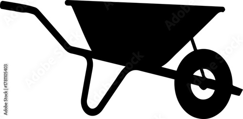 A Silhouette of a black garden wheelbarrow with one wheel and handles for landscaping and construction vector art