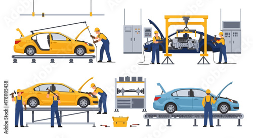 A vector illustration set depicting the automobile manufacturing process with factory workers on a car assembly line