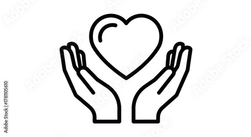 An outline icon of hands holding a heart, symbolizing love, charity, compassion, and healthcare support for donation and community
