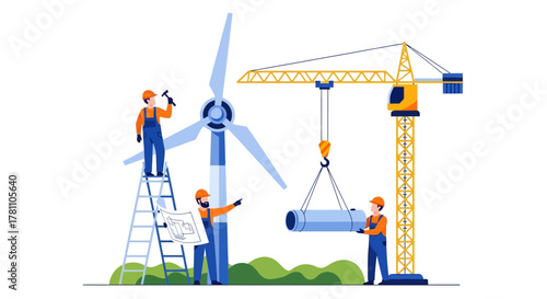 Team of engineers and builders constructing a wind turbine with a crane. Concept of renewable energy and sustainable power generation