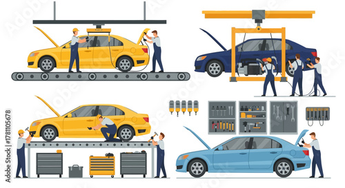 A set of illustrations showing the car manufacturing process on an assembly line and vehicle repair services in a workshop
