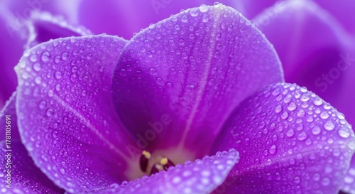 Purple flower with water droplets on petals.