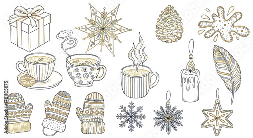 Hand-drawn collection of cozy winter holiday icons in a gold and black doodle style. Vector set with tea, mittens, snowflakes, and festive elements