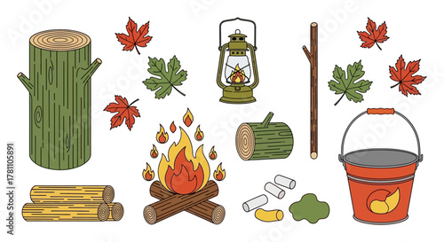 A charming collection of hand-drawn vector icons for camping and outdoor adventures, featuring a bonfire, lantern, and firewood
