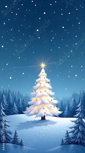Christmas tree glows in the winter landscape