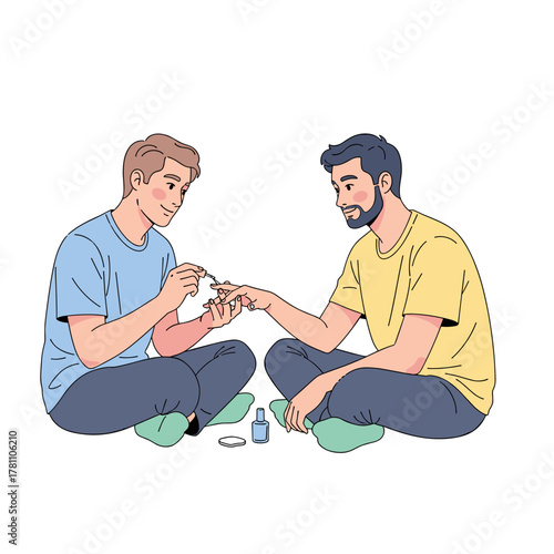 Illustration of two men painting nails together with joyful expressions on white background