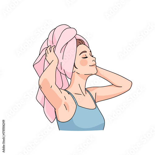 Illustration of woman towel drying hair with relaxed expression on white background