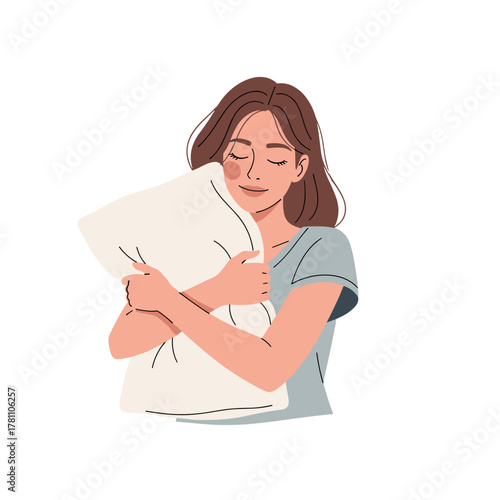 Illustration of woman hugging pillow with peaceful expression on white background