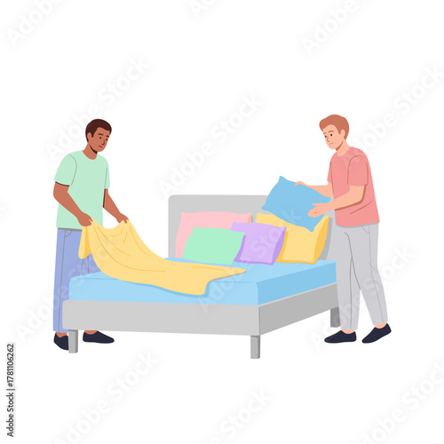 Illustration of two men making bed together with cheerful expressions on white background