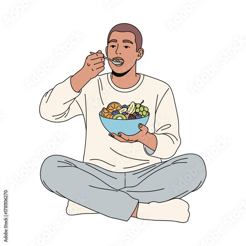 Illustration of man eating fruit salad with content expression on white background