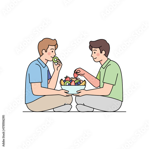 Illustration of two men eating fruit salad together on white background