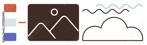 Landscape image with mountains, sun, cloud outline, wavy lines, and color swatches. Ideal for design, creativity, art projects, nature themes minimalism mood boards simple flat metaphor