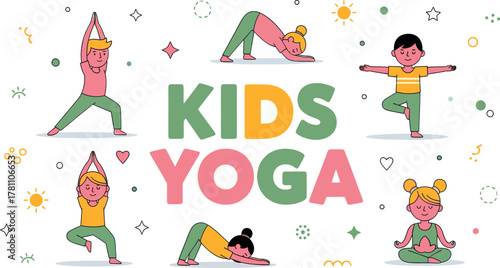 Children practicing yoga poses with the words kids yoga in colorful letters, promoting fun and healthy activity for young ones