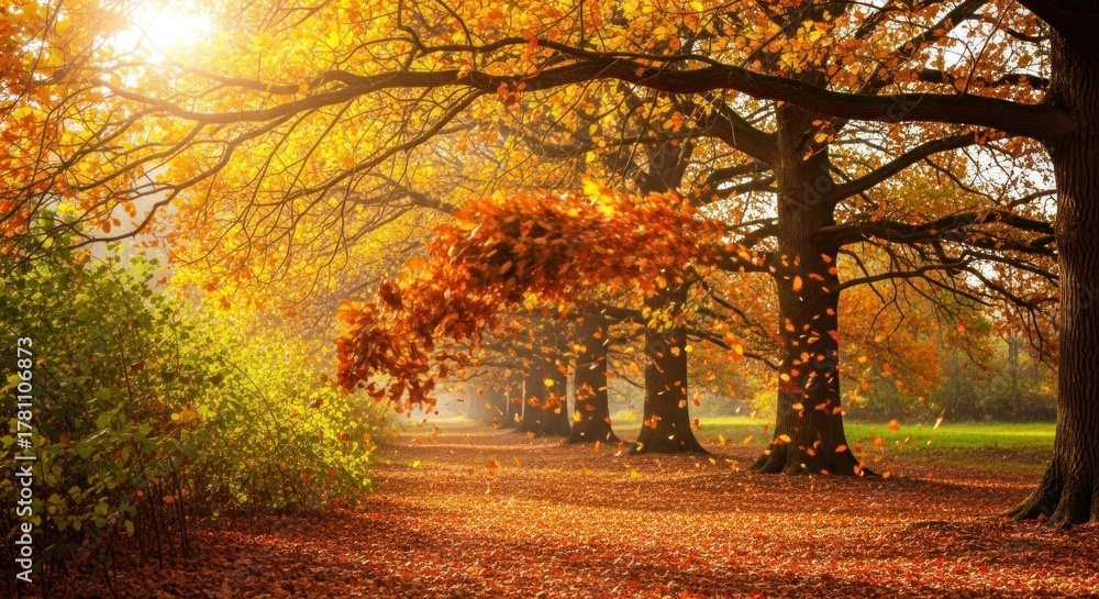 Obraz premium Autumn leaves falling in a park with a sun shining through the trees.