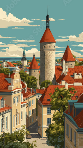 Cityscape of Tallinn, capital city of estonia, attractive touristic advertisement poster, beautiful touristic must-see destination. Beautiful tourist destination, in central europe.