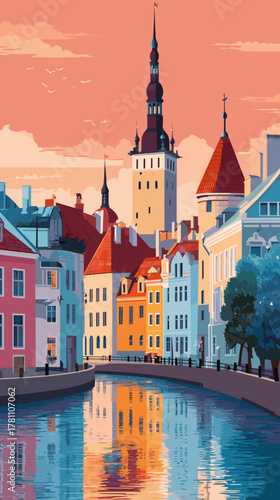 Cityscape of Tallinn, capital city of estonia, attractive touristic advertisement poster, beautiful touristic must-see destination. Beautiful tourist destination, in central europe.