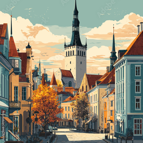 Cityscape of Tallinn, capital city of estonia, attractive touristic advertisement poster, beautiful touristic must-see destination. Beautiful tourist destination, in central europe.