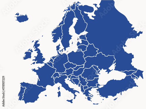 Detailed Blue Europe Map with Country Borders on White Background Illustration
