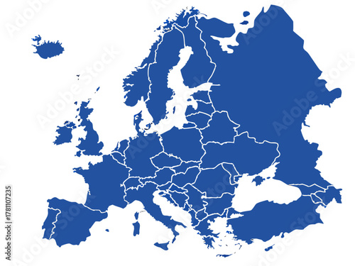 Detailed Blue Europe Map with Country Borders on White Background Illustration