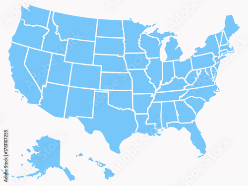 Light Blue United States of America Map with State Borders on a White Background light