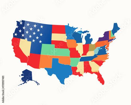 Colorful United States Map with Stars and Stripes Pattern for Each State Illustration vibrant stylized