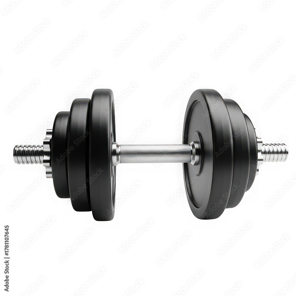 Fototapeta premium A black adjustable dumbbell with multiple weight plates on a transparent background
