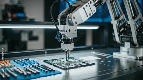 Robotic arm assembling electronic circuit board on automated production line in modern smart factory