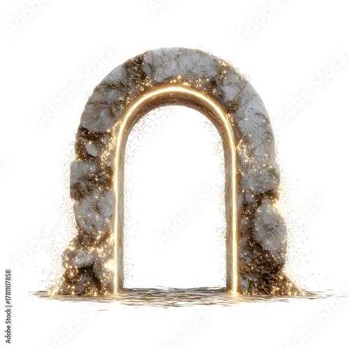 Gateway to Enchantment: An ancient stone archway glows with an ethereal light, beckoning viewers towards an unknown destination. A portal to another world. 