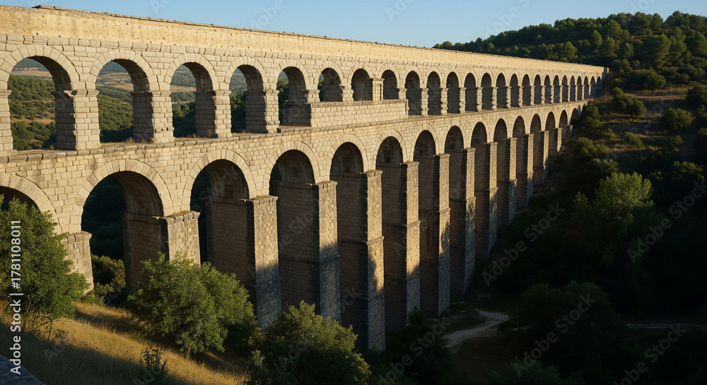 Obraz premium Ancient Stone Arch Aqueduct Spanning a Valley in the European CountrysideA breathtaking view of a massive ancient Roman aqueduct