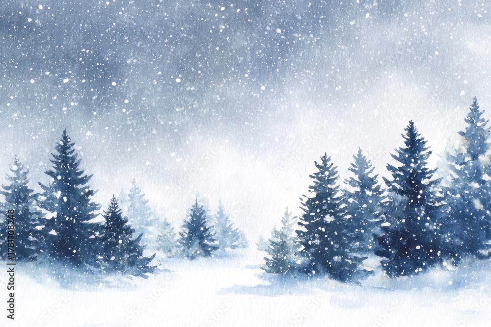 Fototapeta premium A romantic winter pine forest with falling snow, painted in watercolor style